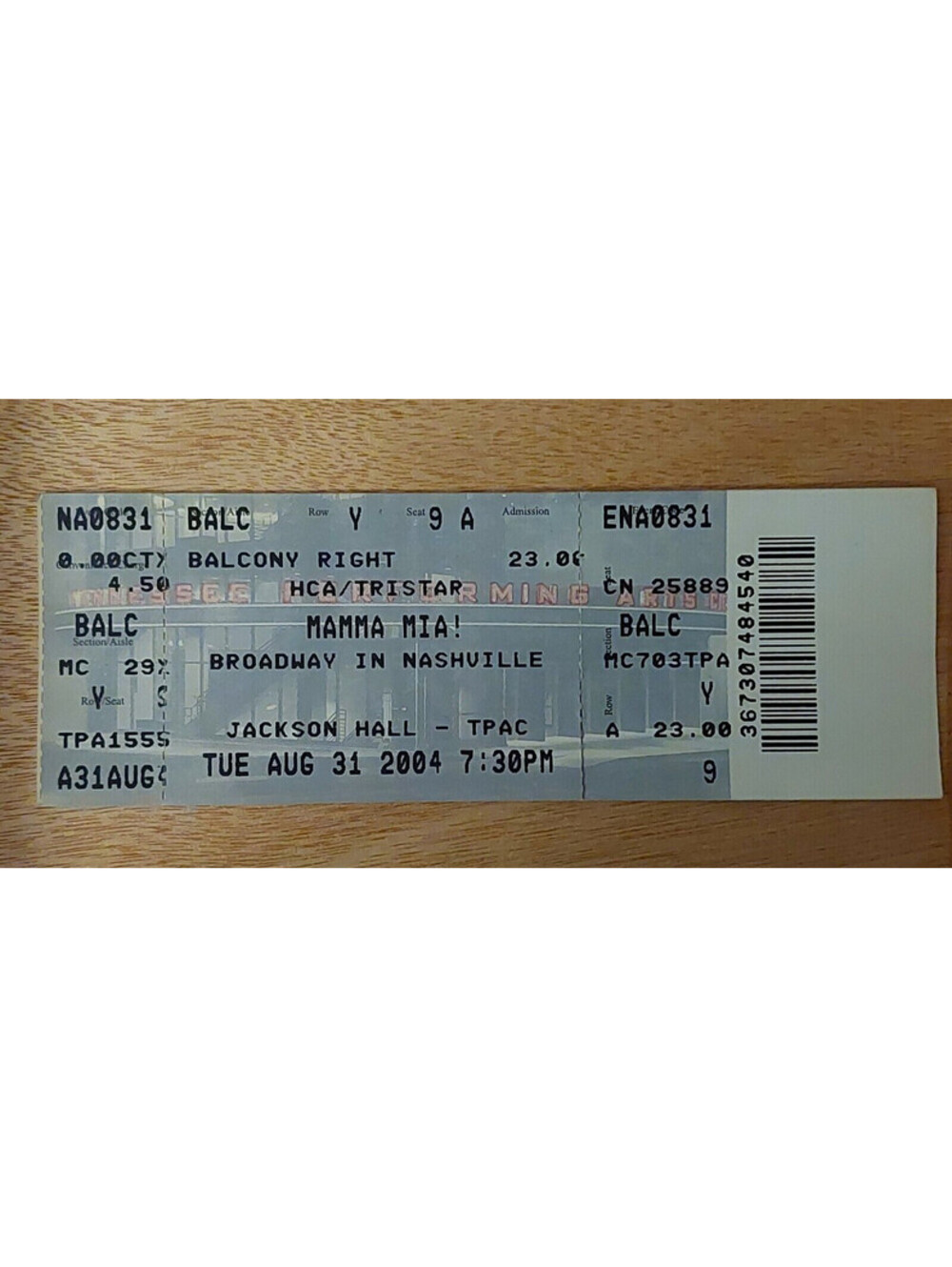 Mamma Mia! Unused Ticket 2004 Nashville Tn Excellent+ Condition!